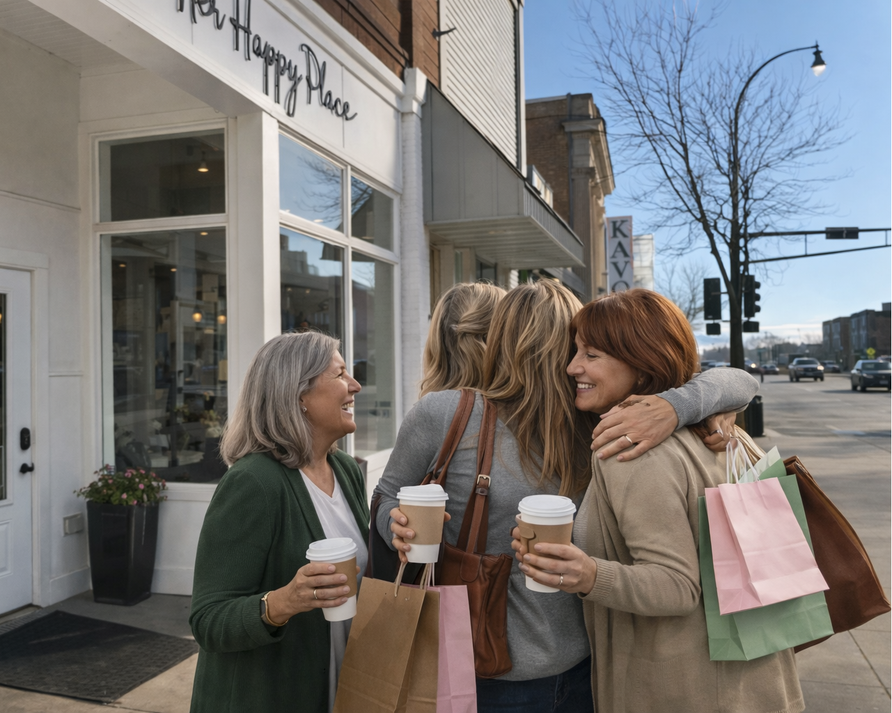 Three women with shopping bags and coffee cups standing outside a store named 'Her Happy Place'.